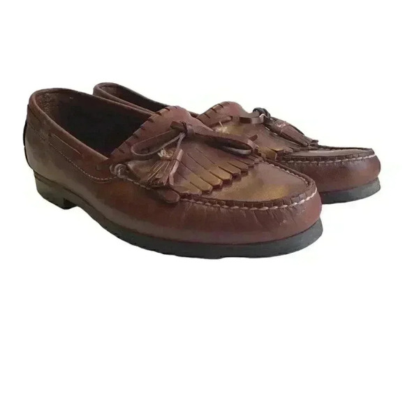 Dexter Men 9.5 43.5 Moc Toe Kiltie Loafers Shoes Brown Leather Tassels Slip On - Picture 1 of 7